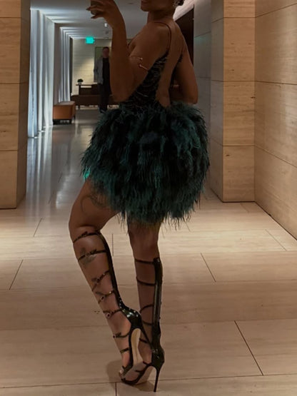 Feathered Teal Dress