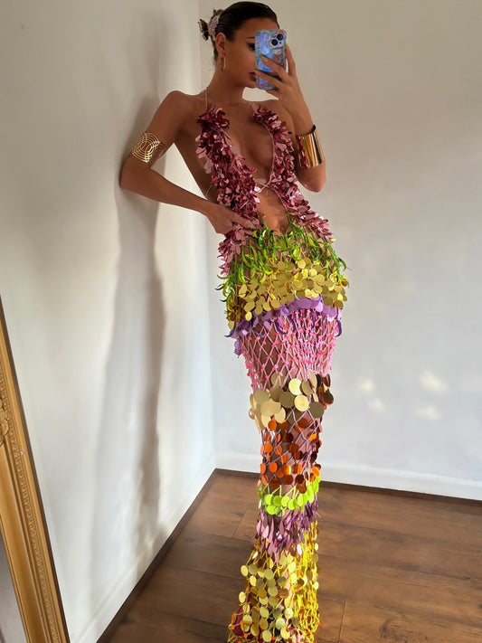 Gold Rainbow Sequin Net Dress