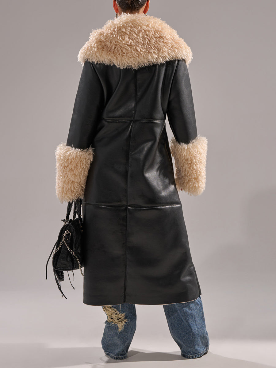 Faux Leather Faux Sherpa Trim Trench Coat