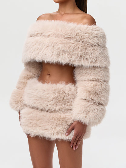 Faux Fur Off Shoulder Two Pieces Dress