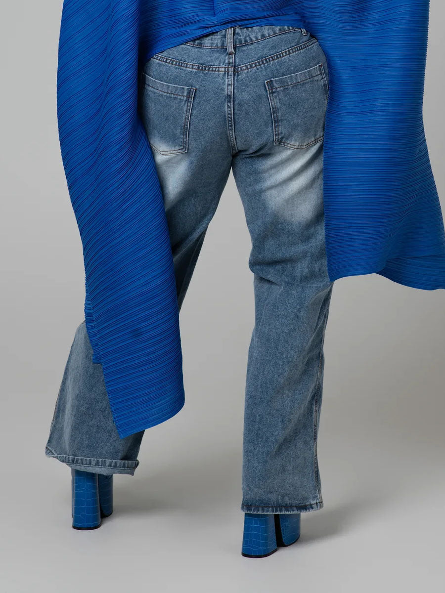 Criss-cross Front Waistband Denim Straight Pants