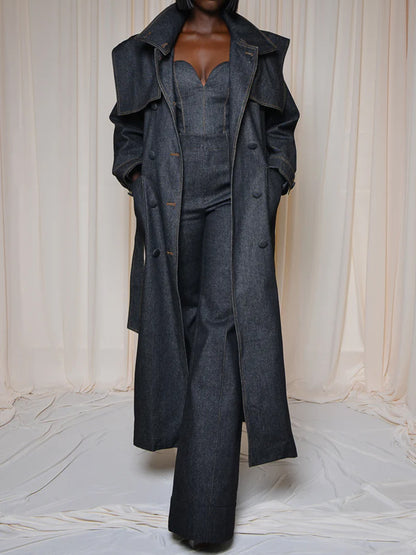 Fashion Lapel Strap Denim Trench Coat