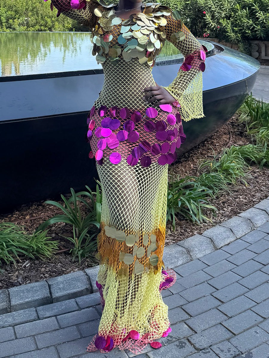 Fashion Sequined Hollowed Out Sexy Maxi Dress