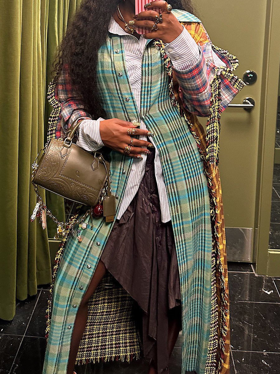 Fringed Check-Print Patchwork Shirtdress