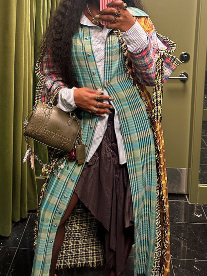 Fringed Check-Print Patchwork Shirtdress