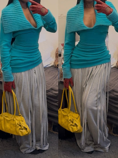 Deep V Neck Patchwork Knitted Sweater