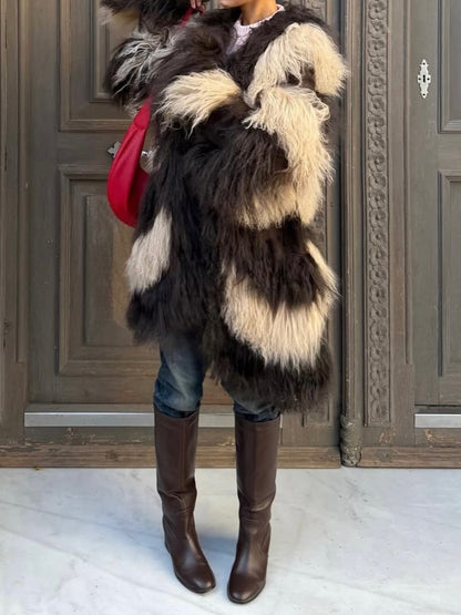 Fashion Color Block Faux Fur Coat