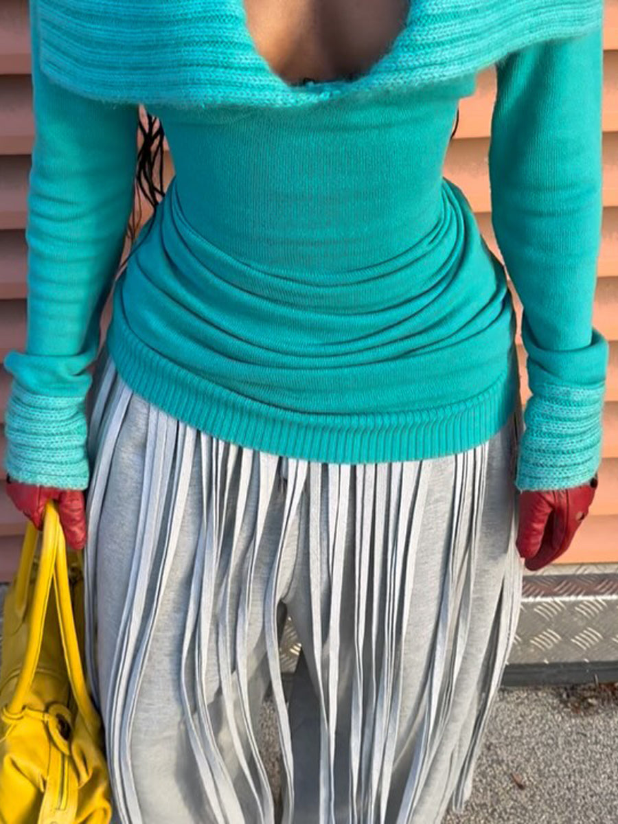 Deep V Neck Patchwork Knitted Sweater