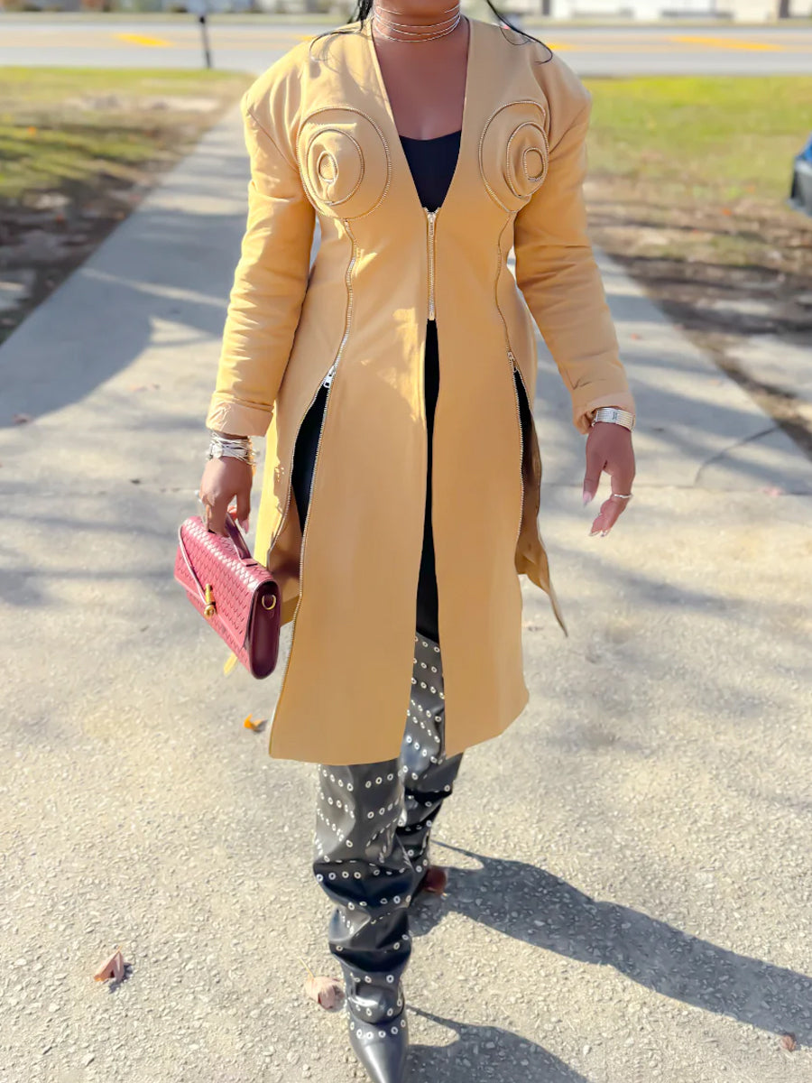 Zip Up V Neck Structured Blazer Coat