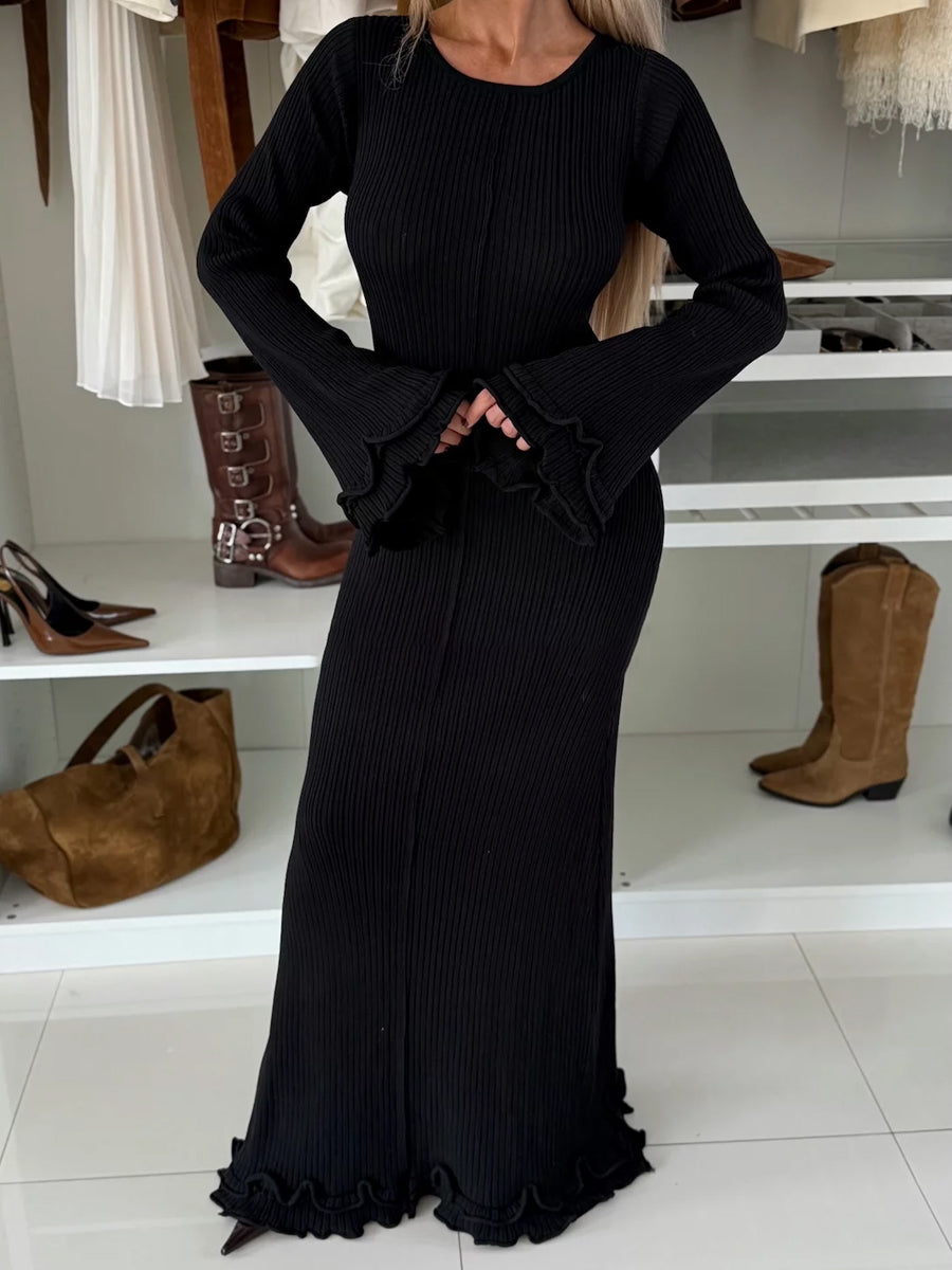 Round Neck Ruffled Sleeve Lace-up Dress