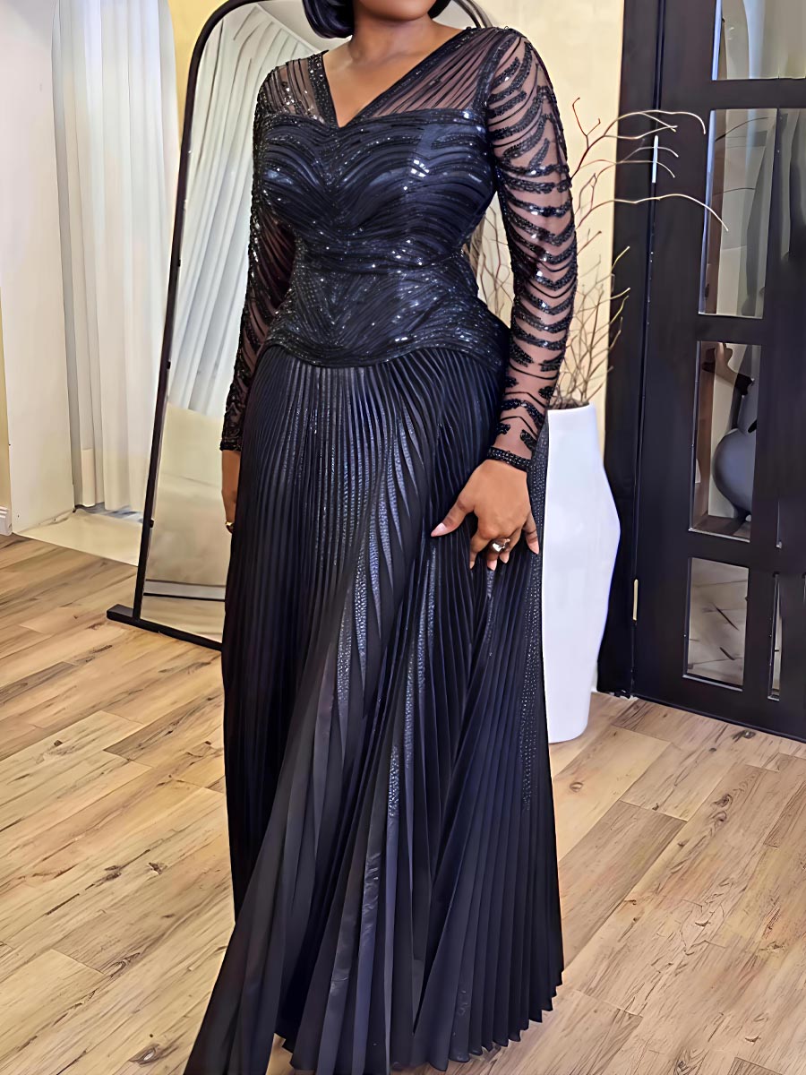 Sequined V Neck Pleated Two Pieces Dress