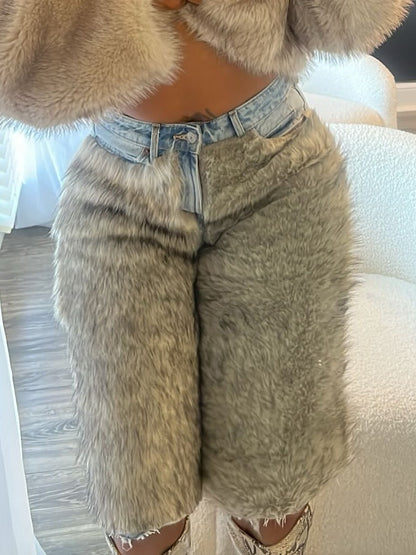 Faux Fur Patchwork Denim Pants