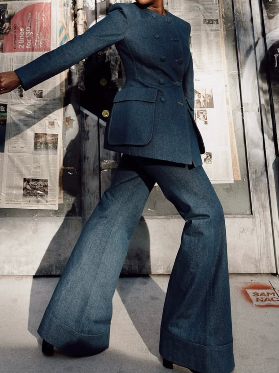 Double-breasted Denim Blazer & Flared Pants