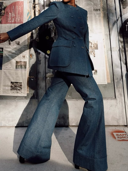 Double-breasted Denim Blazer & Flared Pants