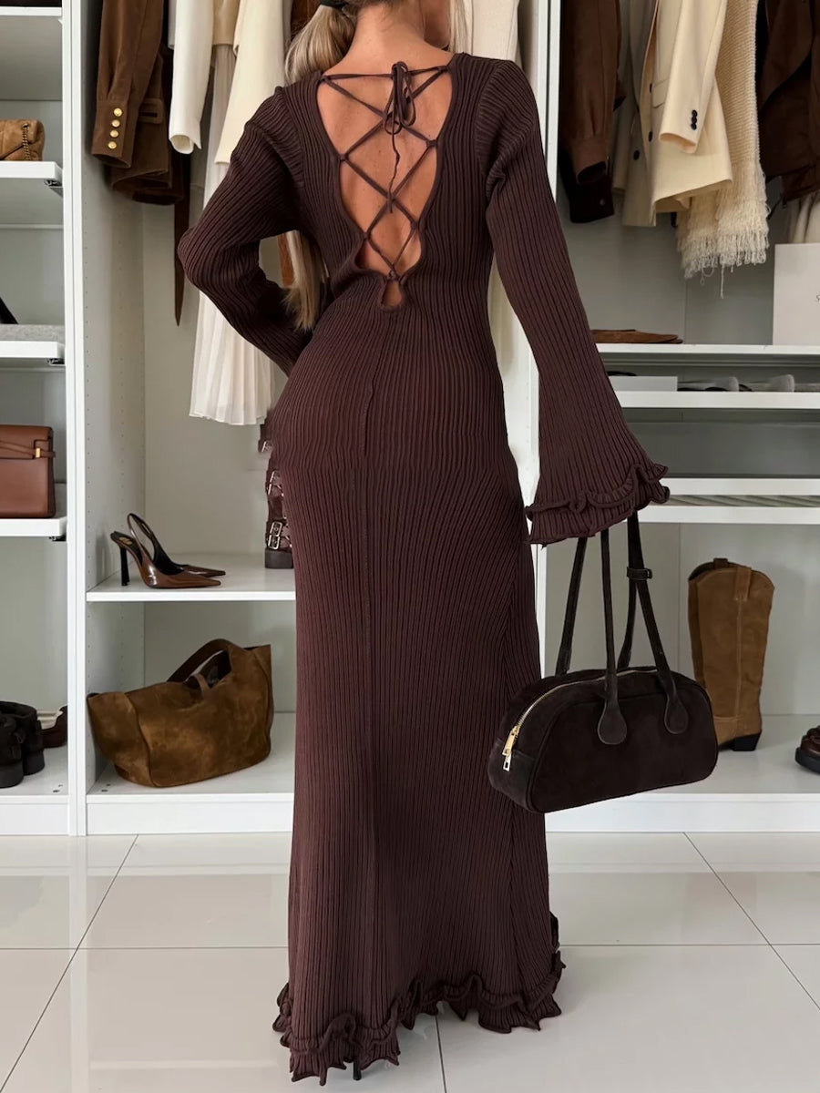 Round Neck Ruffled Sleeve Lace-up Dress