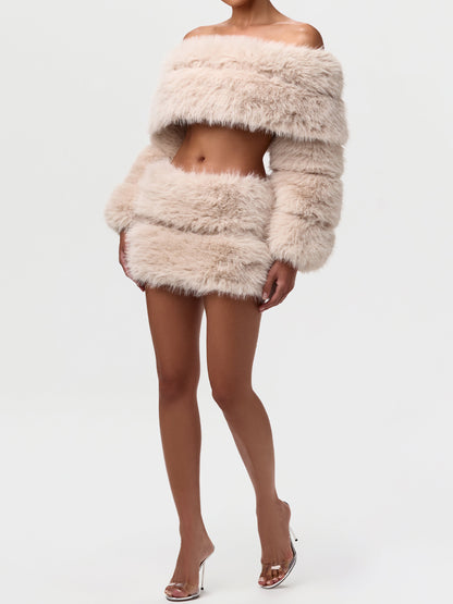 Faux Fur Off Shoulder Two Pieces Dress