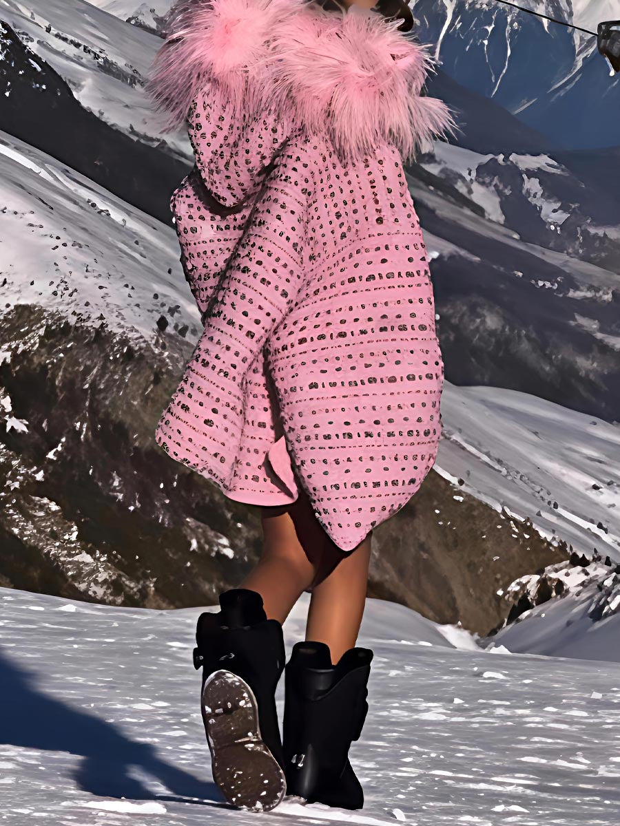 Sequined Fur Collar Hooded Zip Up Coat