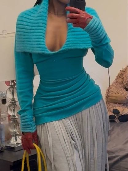 Deep V Neck Patchwork Knitted Sweater