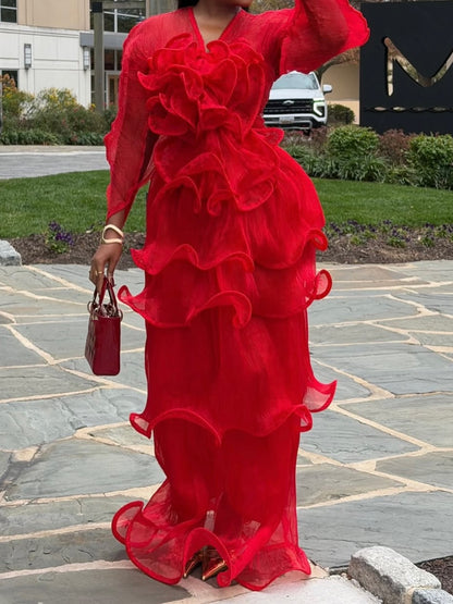 Elegant Ruffled See-through Party Maxi Dress