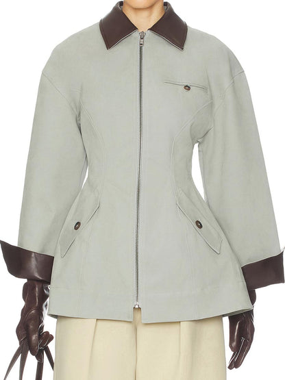 Faux Leather Collar Patchwork Zip Up Jacket