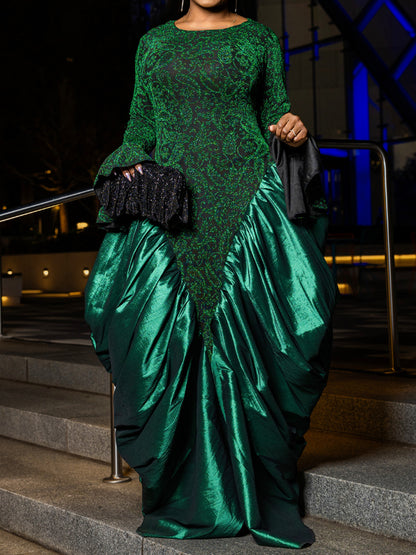 Elegant Printed Flare Sleeve Patchwork Maxi Dress