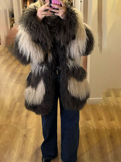 Fashion Color Block Faux Fur Coat