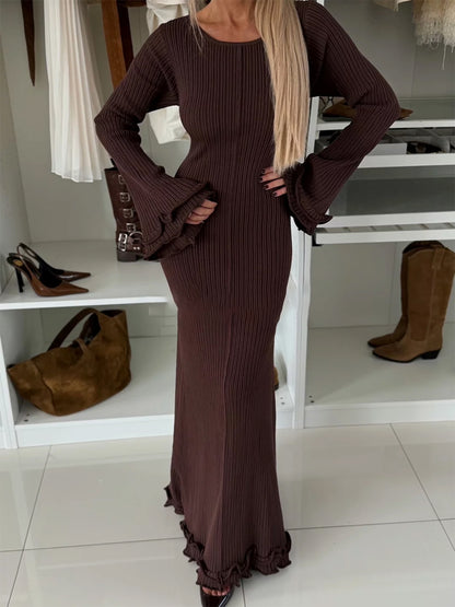 Round Neck Ruffled Sleeve Lace-up Dress