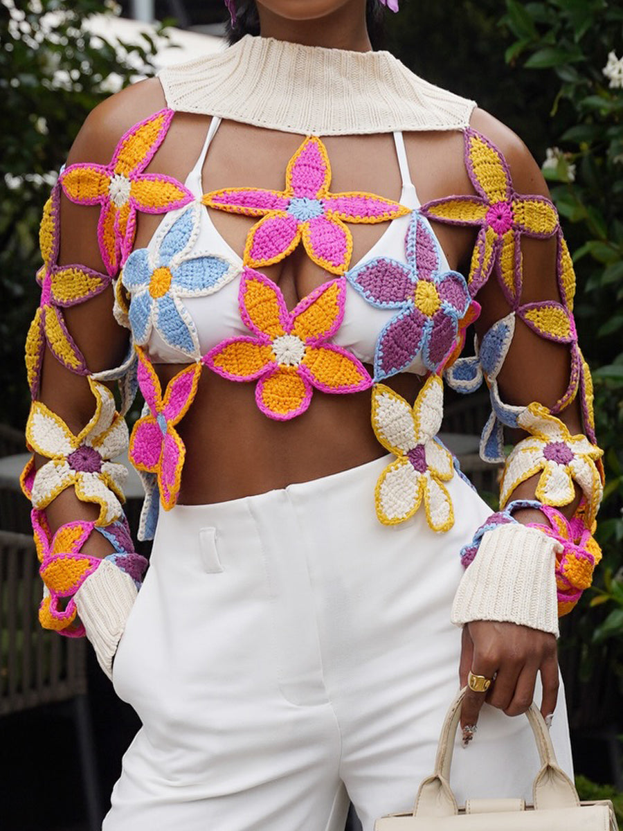 Hand Crocheted Fashion Turtleneck Crop Sweater