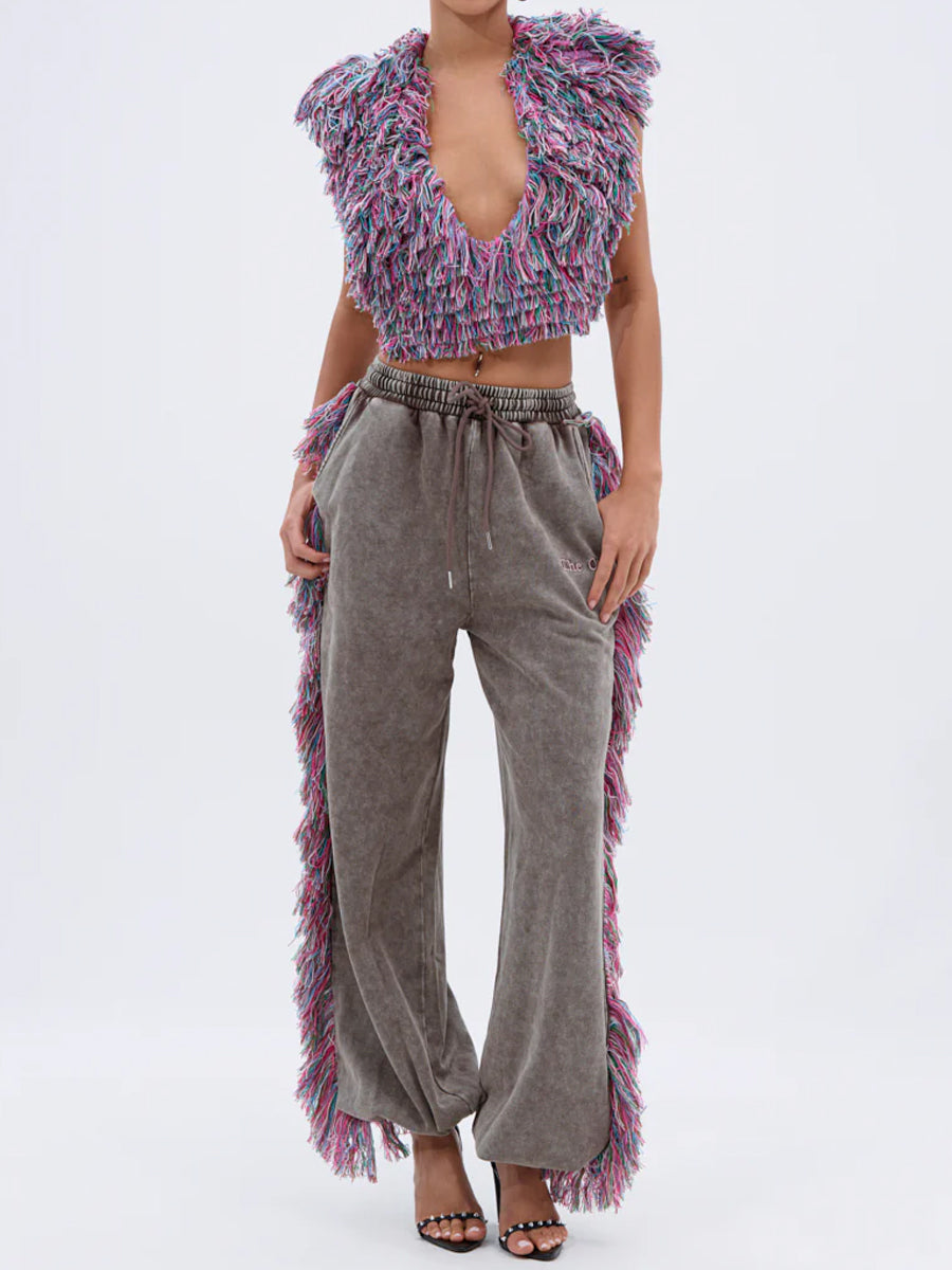 Deep V Neck Fringed Two Pieces Set