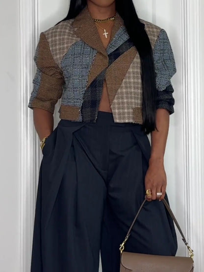 Plaid Print Patchwork Cropped Blazer