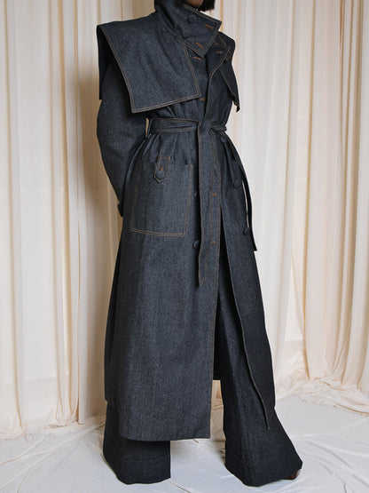 Fashion Lapel Strap Denim Trench Coat