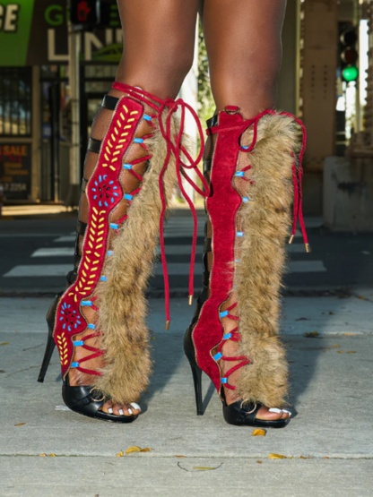 Black Stitched Suede Embroidered Faux Fur Pumps