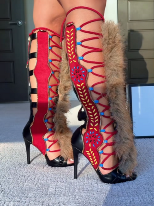 Black Stitched Suede Embroidered Faux Fur Pumps