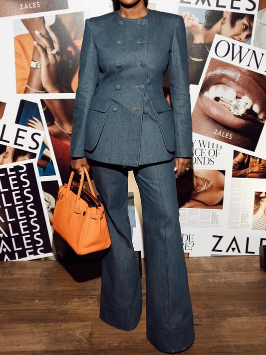 Double-breasted Denim Blazer & Flared Pants