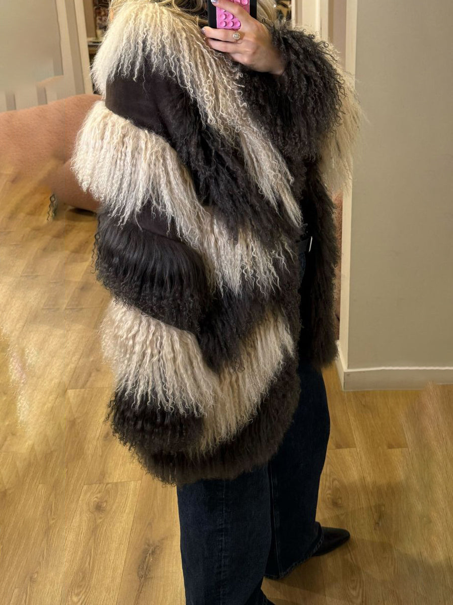 Fashion Color Block Faux Fur Coat