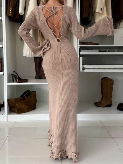 Round Neck Ruffled Sleeve Lace-up Dress