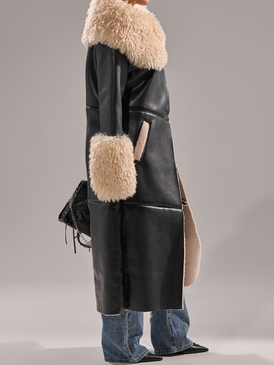 Faux Leather Faux Sherpa Trim Trench Coat