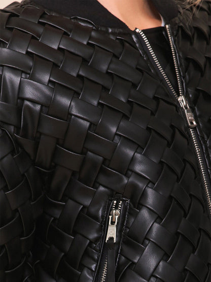 Weave Faux Leather Bomber Jacket