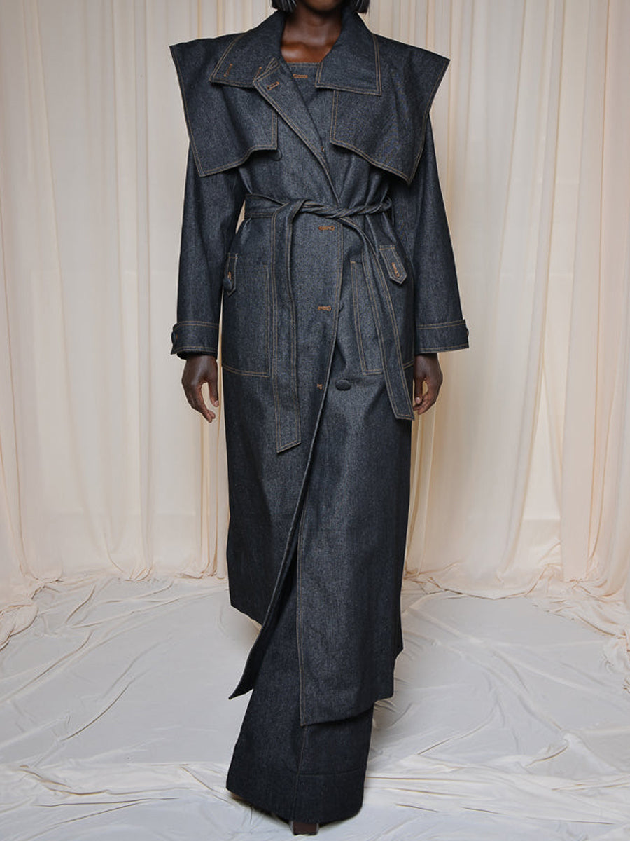 Fashion Lapel Strap Denim Trench Coat