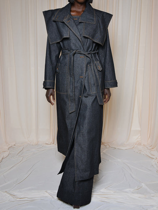 Fashion Lapel Strap Denim Trench Coat