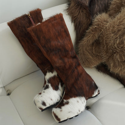 Platform Sole Imitation Calf Hair Knee-High Winter Boots