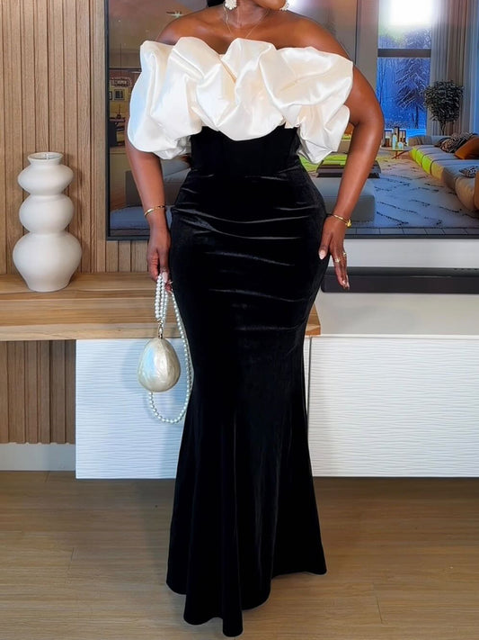 Ruffled Trim Patchwork Stretch Velvet Maxi Dress