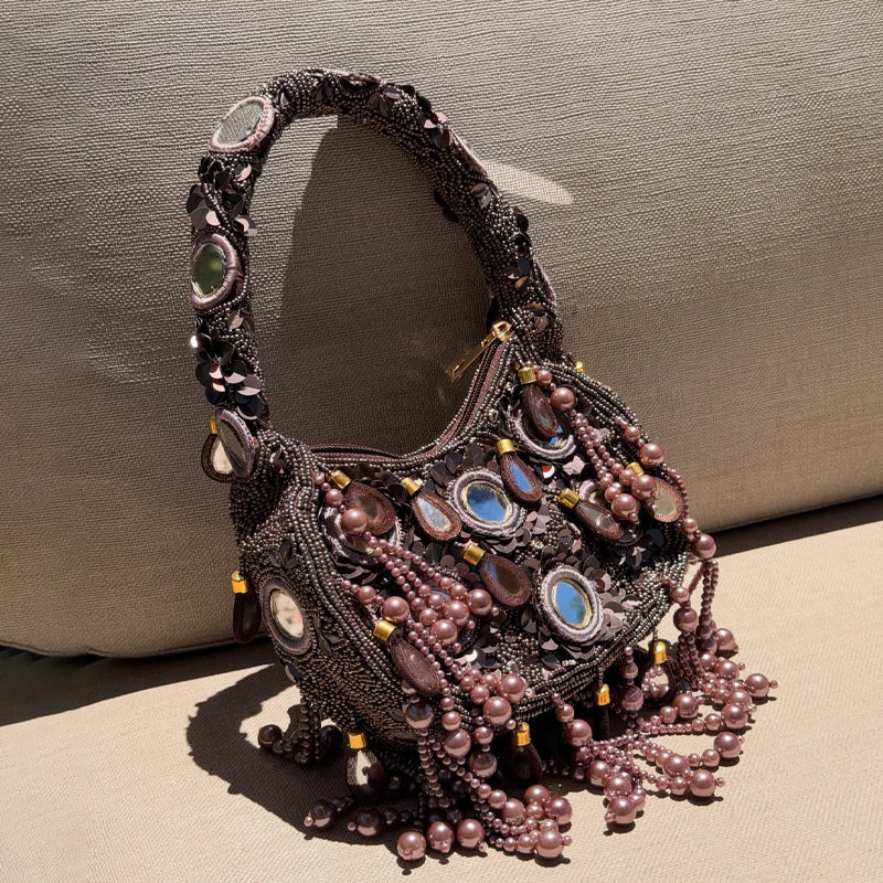 Mirrored Details Crystal Embroidery Handbag Underarm Bag