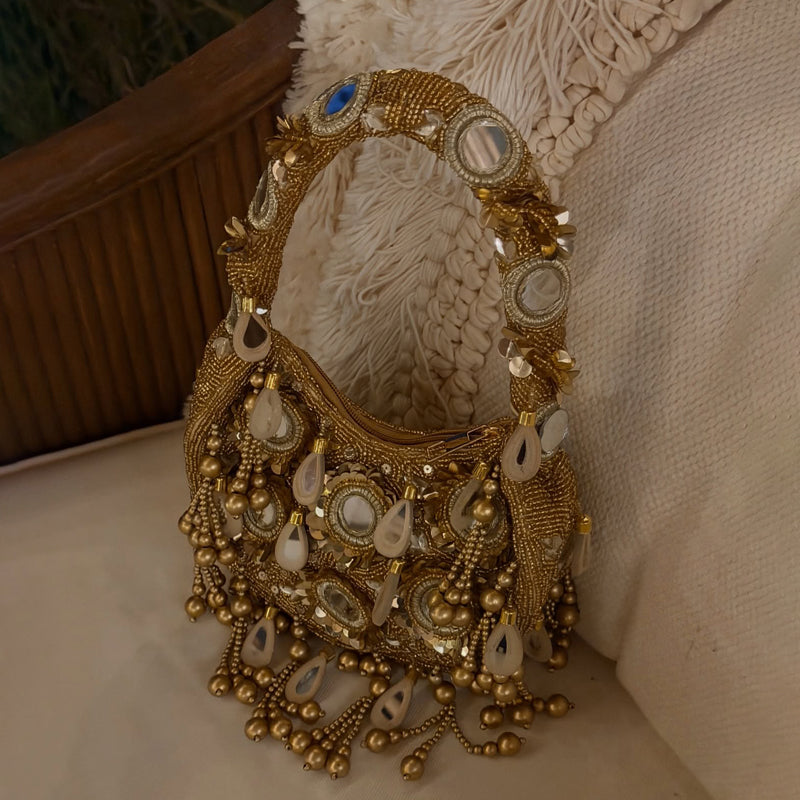 Mirrored Details Crystal Embroidery Handbag Underarm Bag