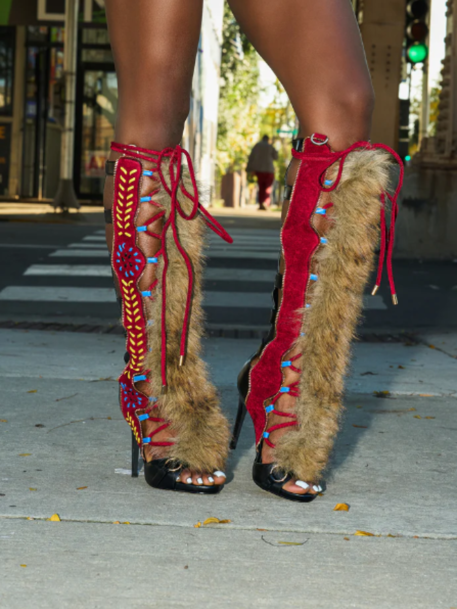 Black Stitched Suede Embroidered Faux Fur Pumps