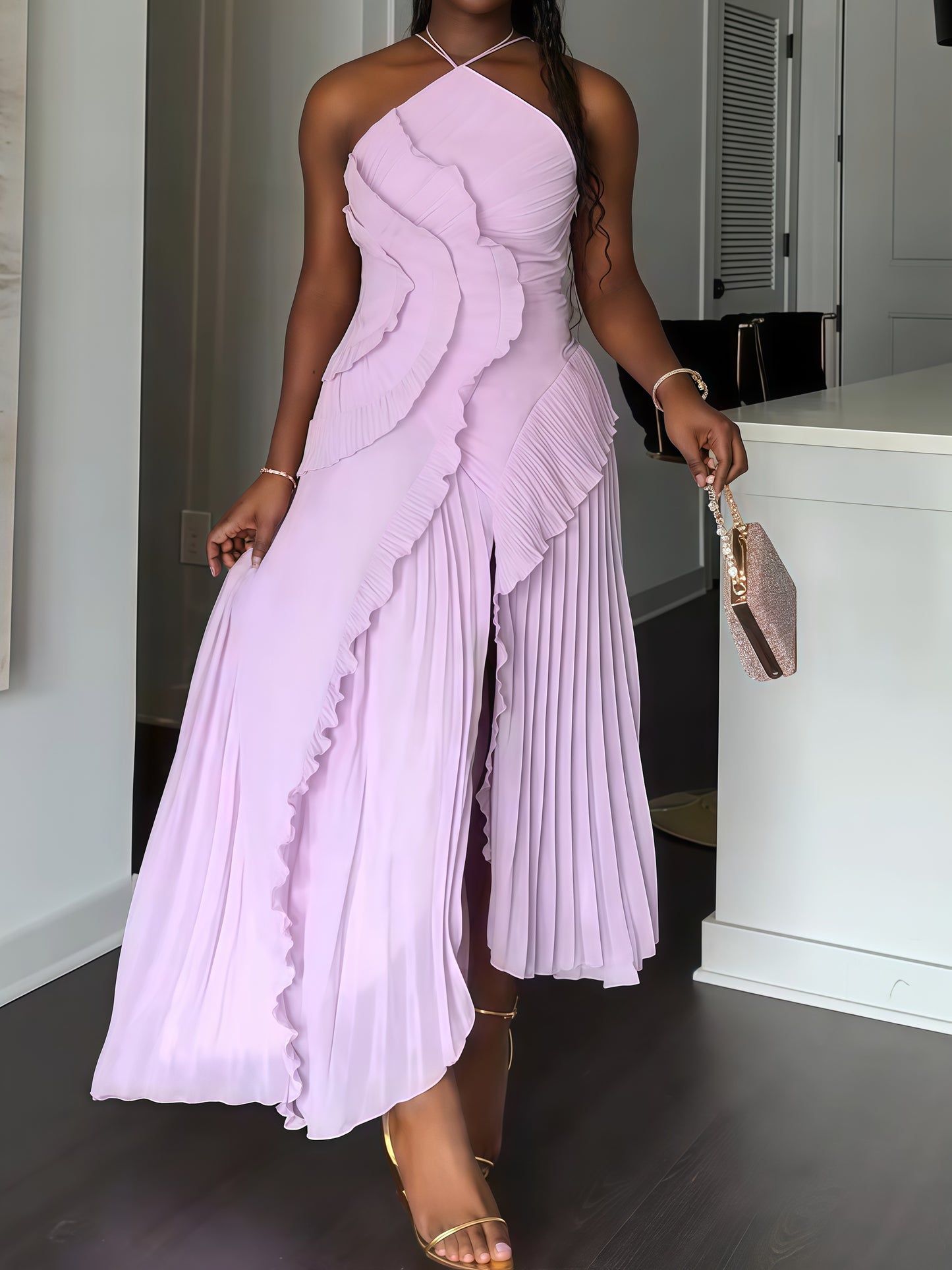 Moses Purple Asymmetric Pleated Holder Dress