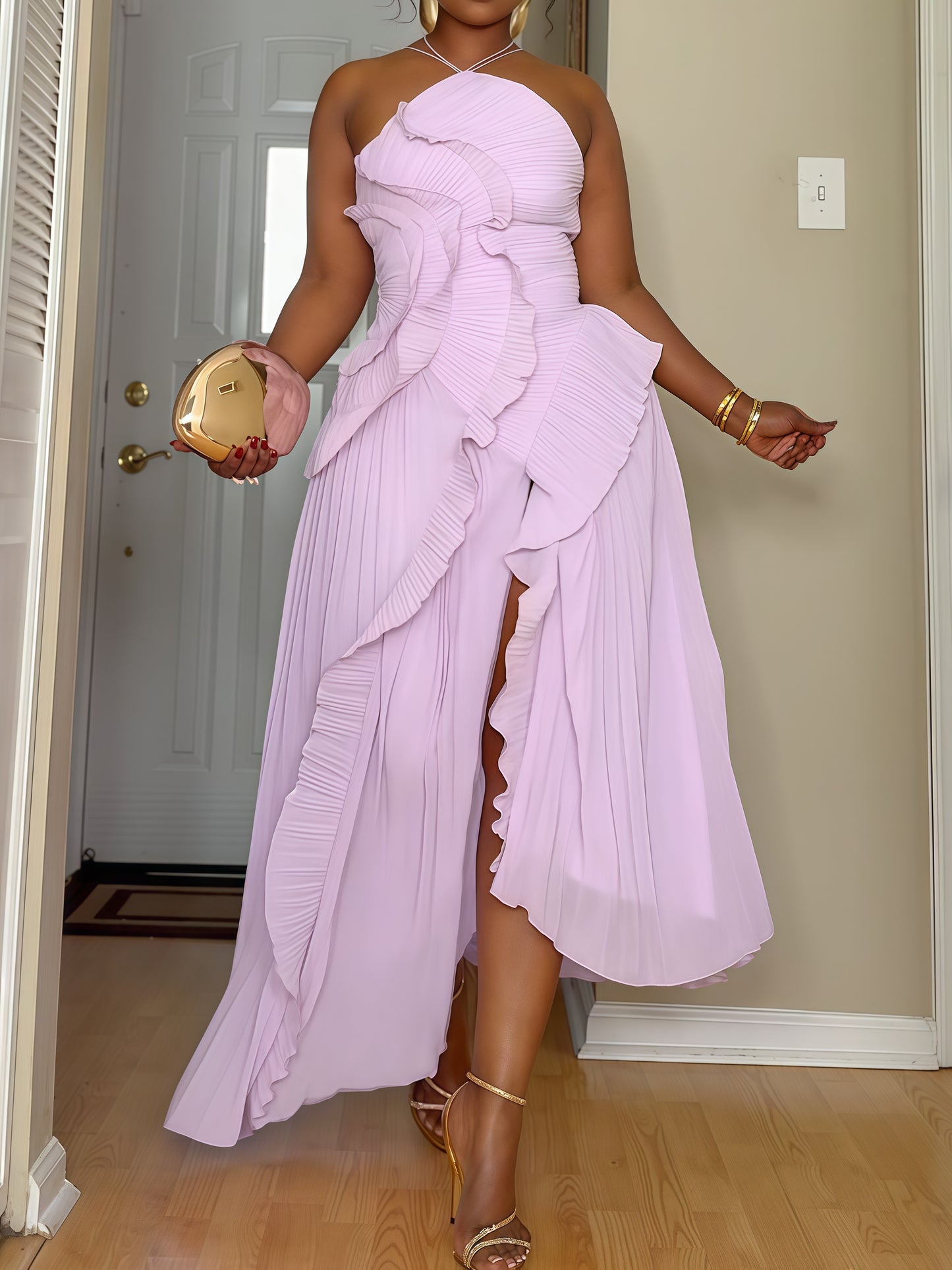 Moses Purple Asymmetric Pleated Holder Dress