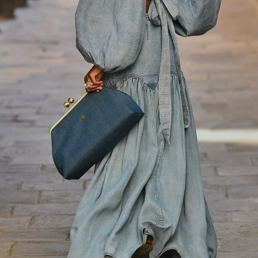 Classic Kiss-lock Closure Adorned Denim Bag