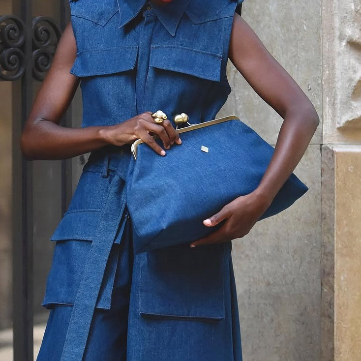 Classic Kiss-lock Closure Adorned Denim Bag