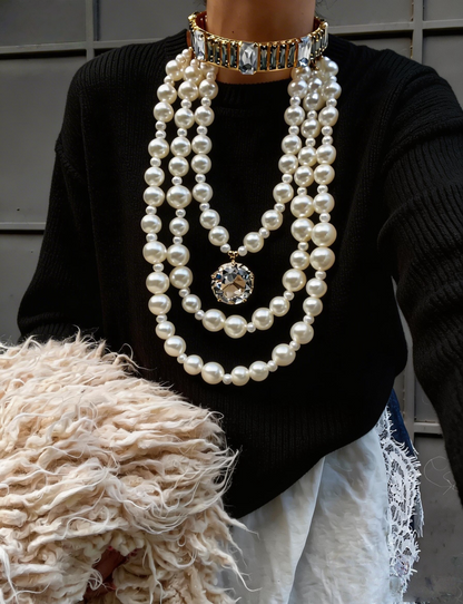 Rhinestone Pendant Multi-Strand Pearl Necklace